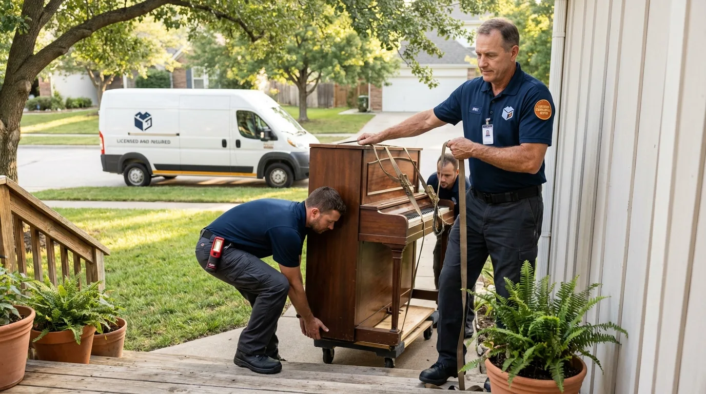 Licensed piano movers securing grand piano in Mobridge, SD