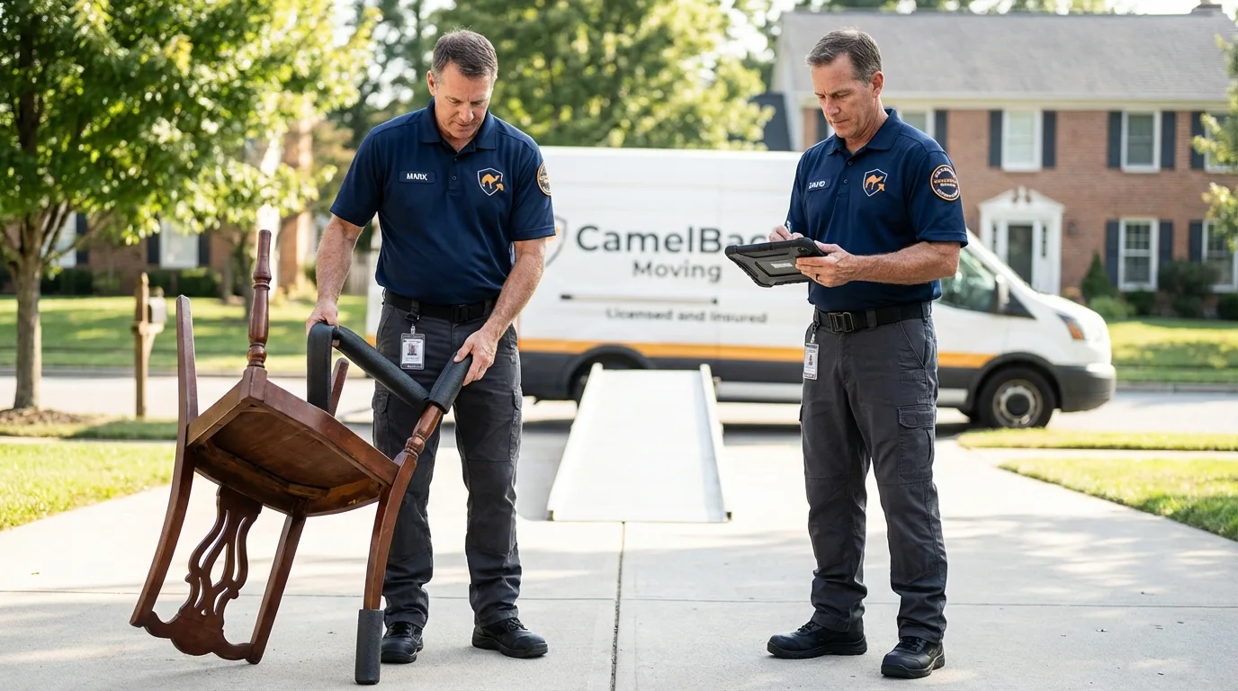 Movers inspecting furniture for damage prevention before loading in Mobridge, SD