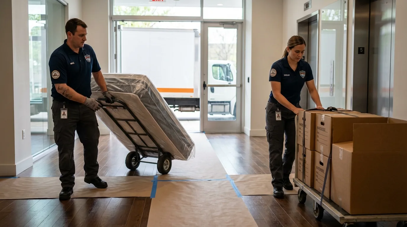 Professional apartment movers loading elevator in Mobridge, SD