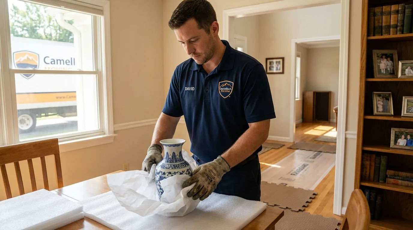 Professional crew carefully wrapping antique vase for senior downsizing move in Mobridge, SD